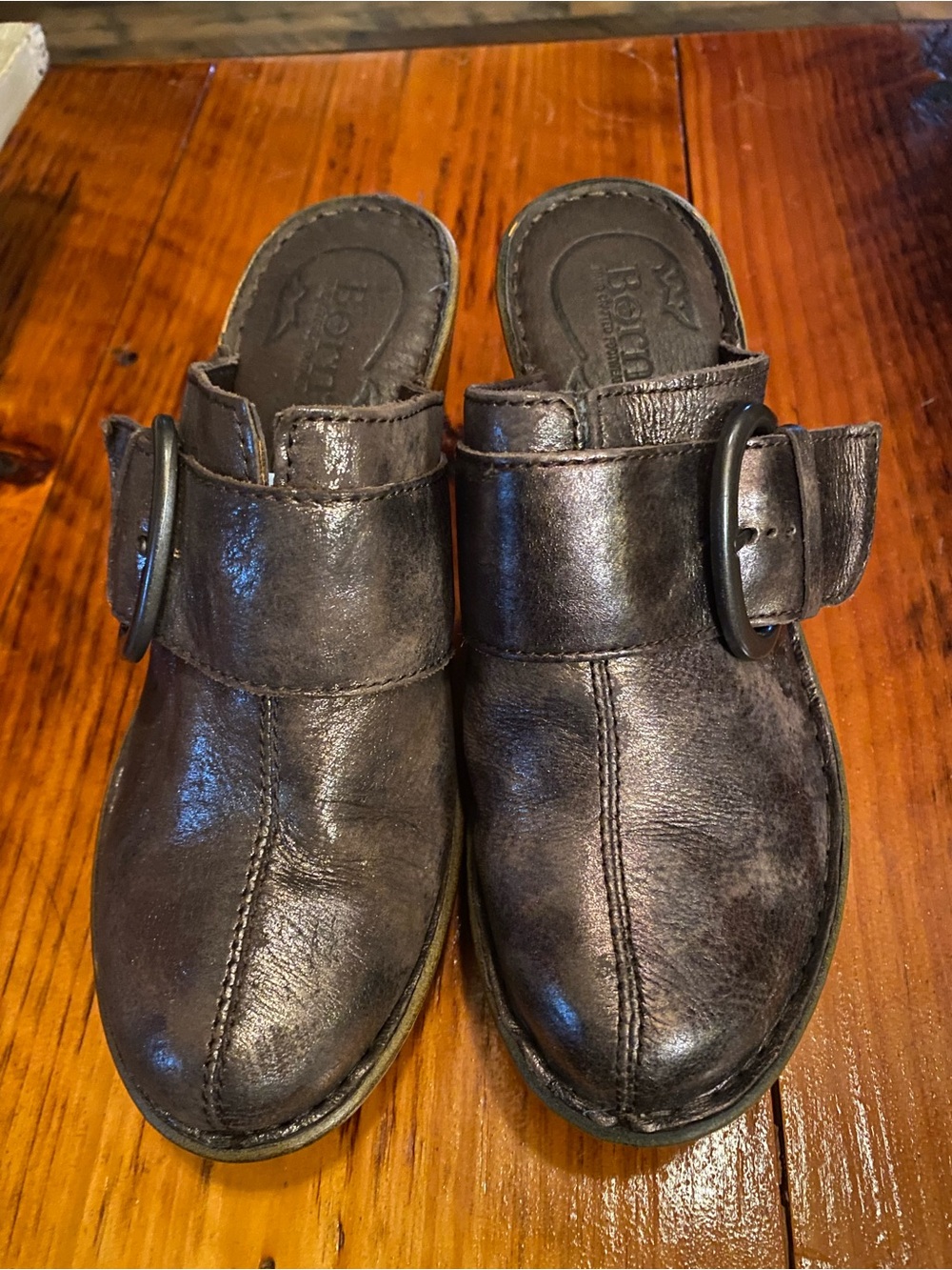 Born Women's Dark Chocolate Leather Slip-On Mules with Buckle